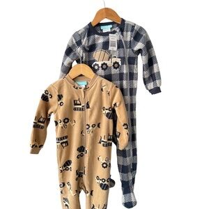 Pekkle Baby Fleece Sleepers Bundle Blue Plaid and Tan Construction 18 Months